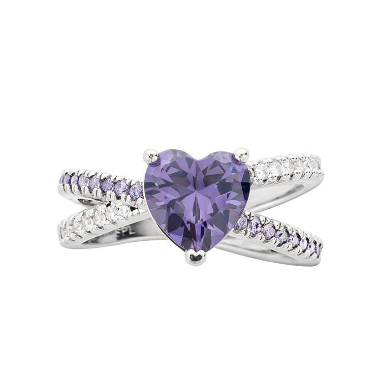 Jeulia Engagement Ring with Double Heart Purple Stone in Sterling Silver