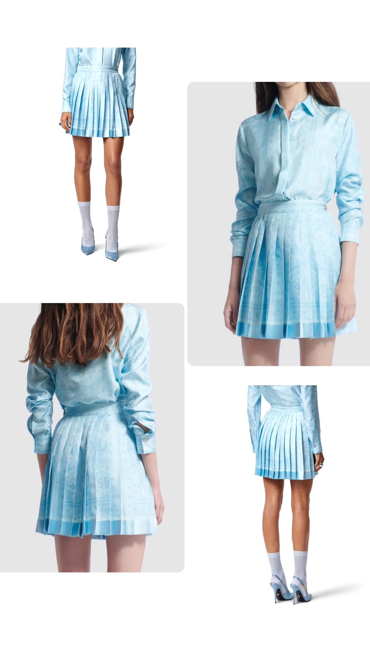 Versace – Barocco Silk Shirt & Pleated Skirt – Full Blue Outfit