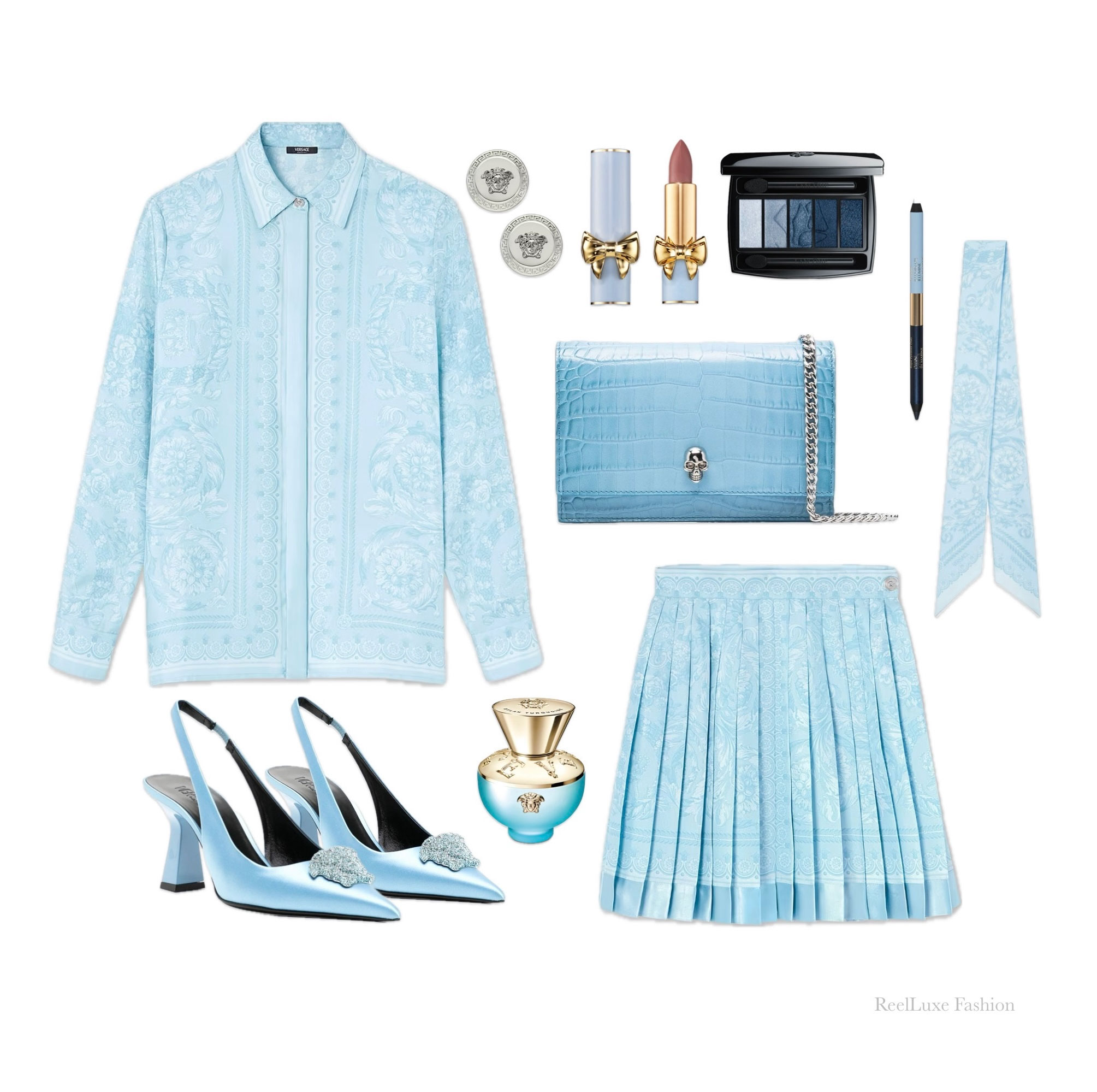 New Season Collection by Versace: Blue Versace Outfit from Versace Firenze Boutique, with Alexander McQueen Bag, Plus Beauty Products