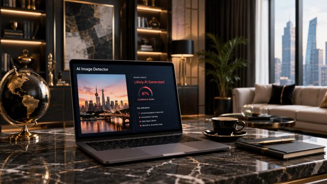 Laptop in a luxury office displaying an AI image detector analysis screen with a city image and verification results.