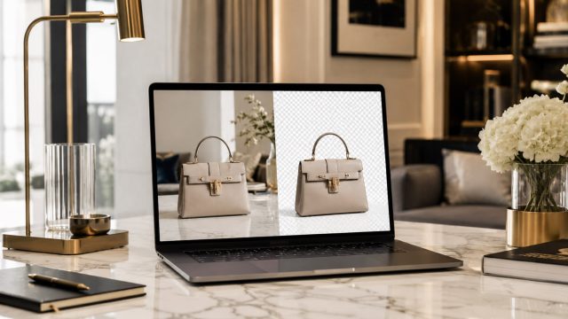 Laptop on a luxury marble desk showing a handbag before and after background removal in an elegant interior workspace.