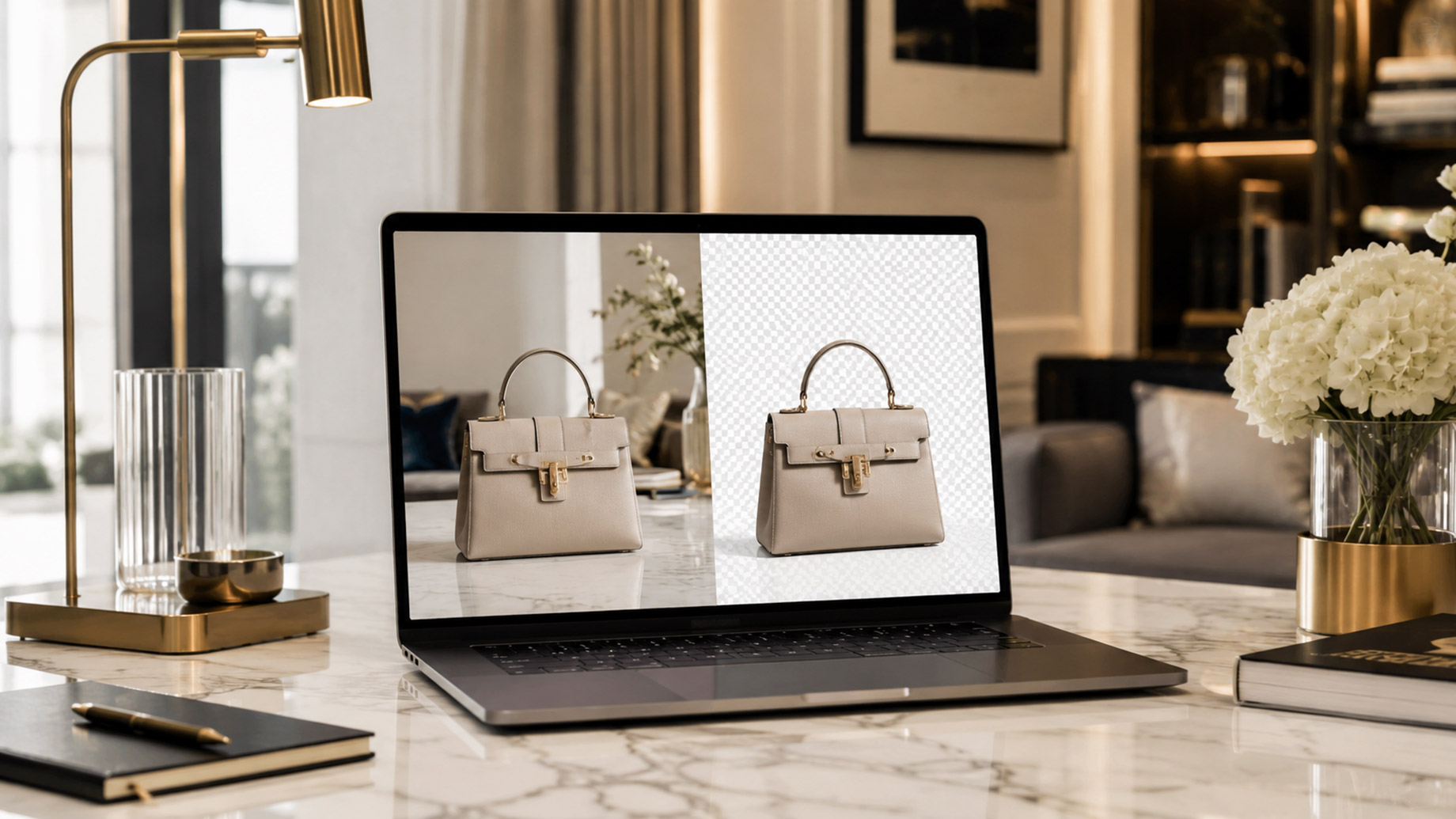 Laptop on a luxury marble desk showing a handbag before and after background removal in an elegant interior workspace.